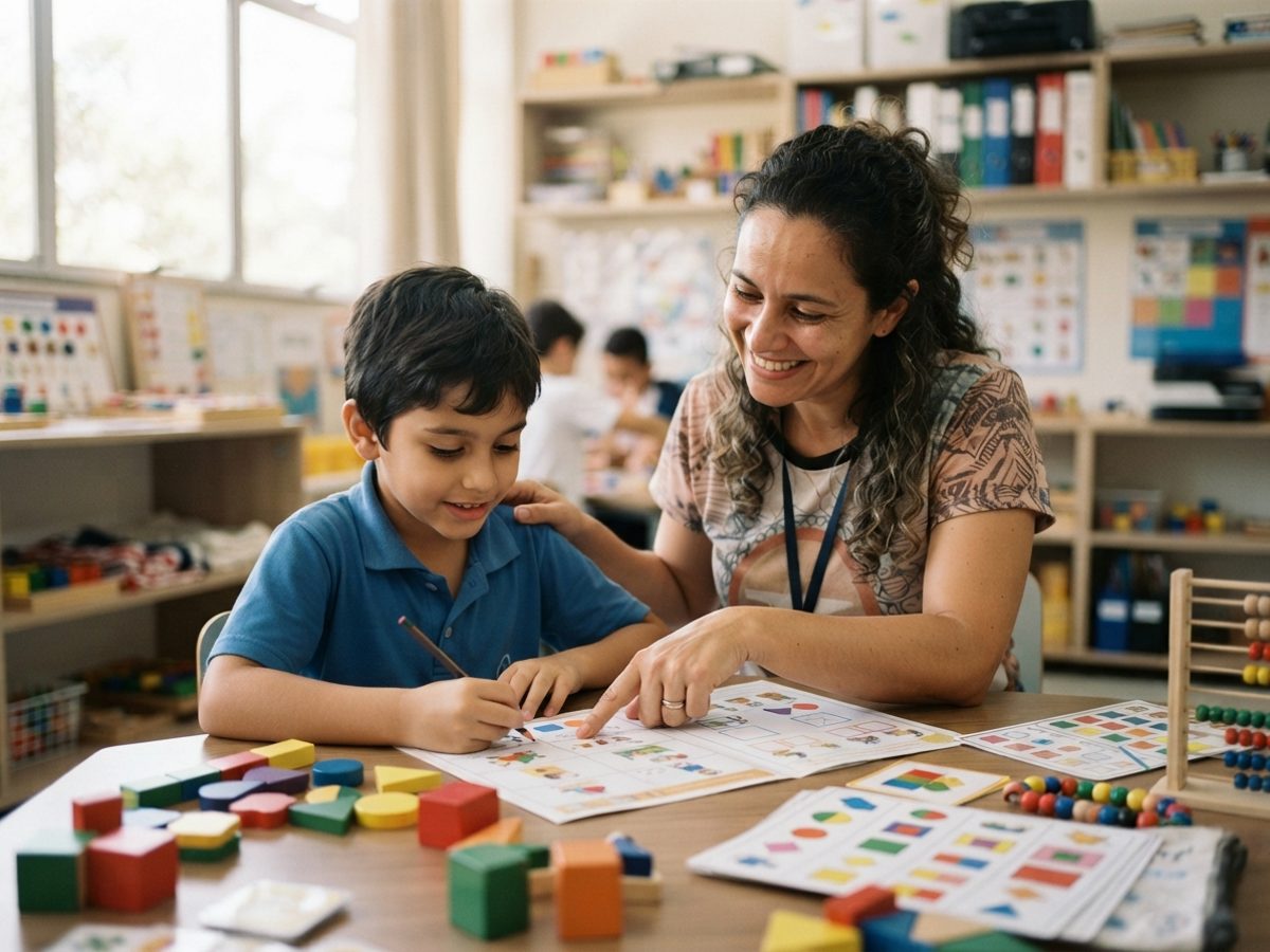 Foto de uma professora de AEE em uma sala de recursos, com material de apoio pedagógico
