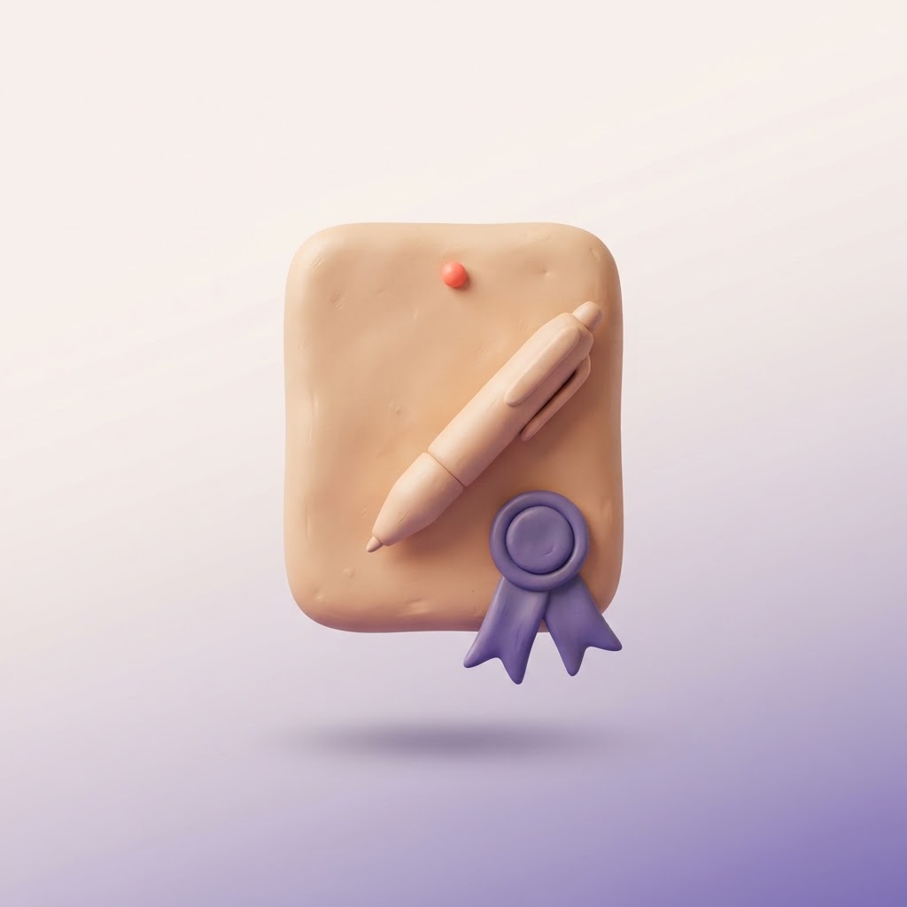 Ilustração 3D de um documento de PEI com caneta de assinatura e selo oficial