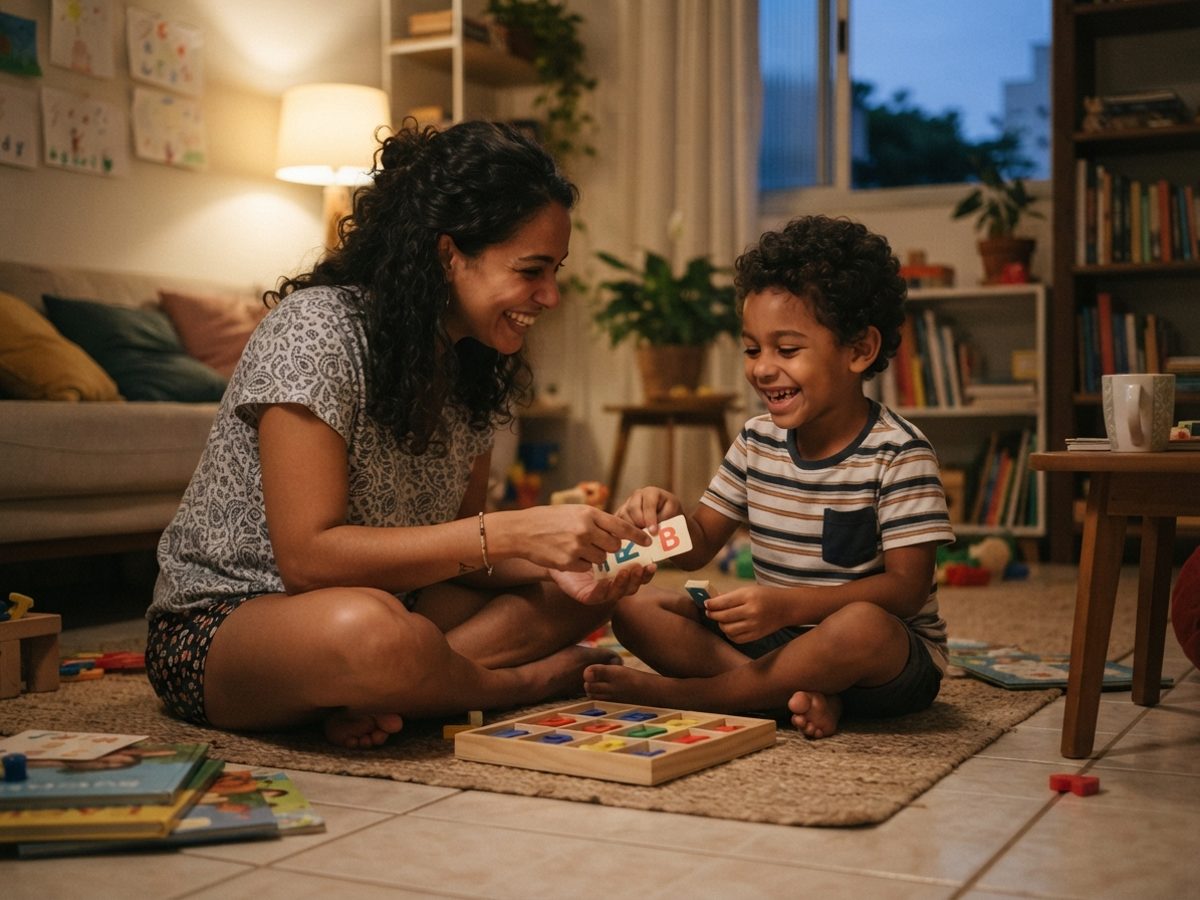 Foto de uma mãe ou pai praticando uma atividade em casa com o filho, no dia a dia